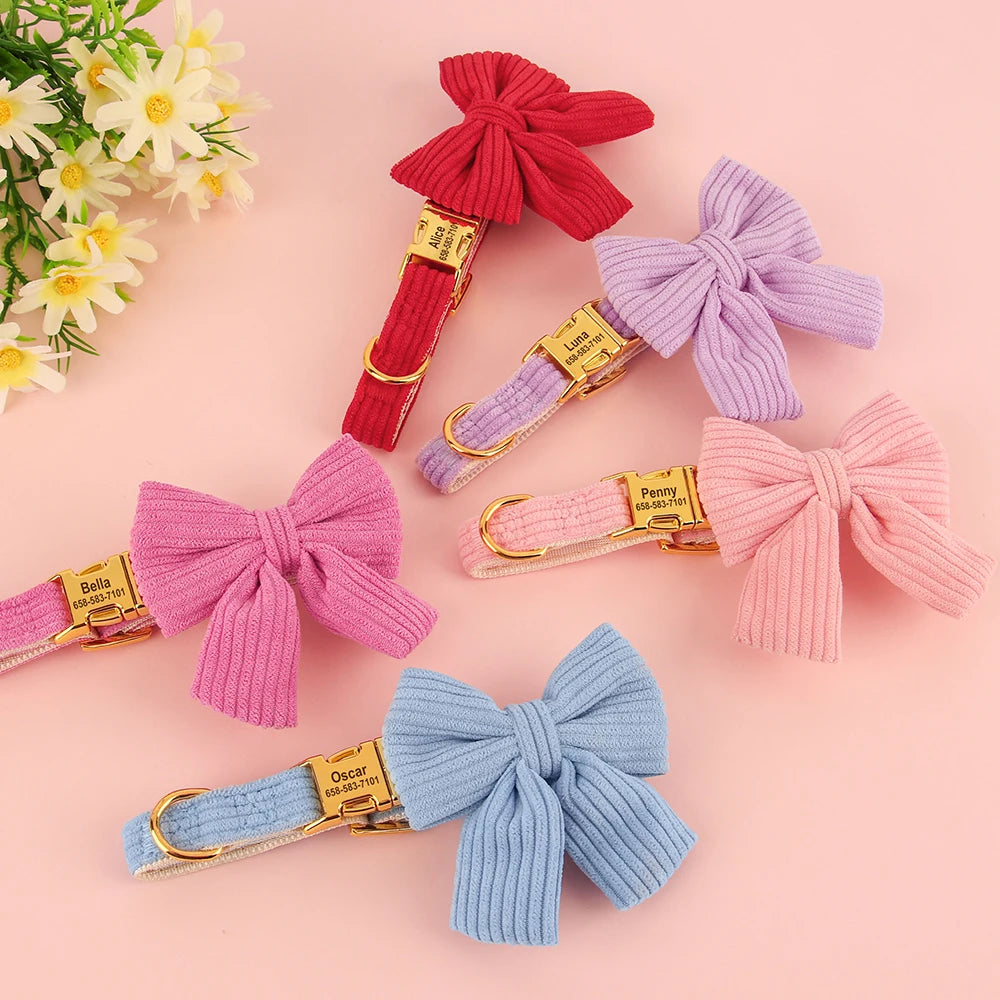 Personalized Dog Collar with Large Bow Tie - Adjustable ID Collar with Free Engraving for Small, Medium, Large Dogs and Cats