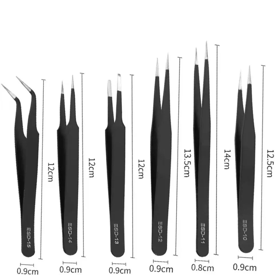 Antistatic Stainless Steel Tweezers Set - 6-Piece Precision ESD Tweezers (Curved & Straight) for Electronics Repair, Model Making & Beauty
