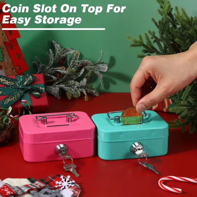 Portable Lockable Metal Cash Box with Key - Small Piggy Money Safe for Kids