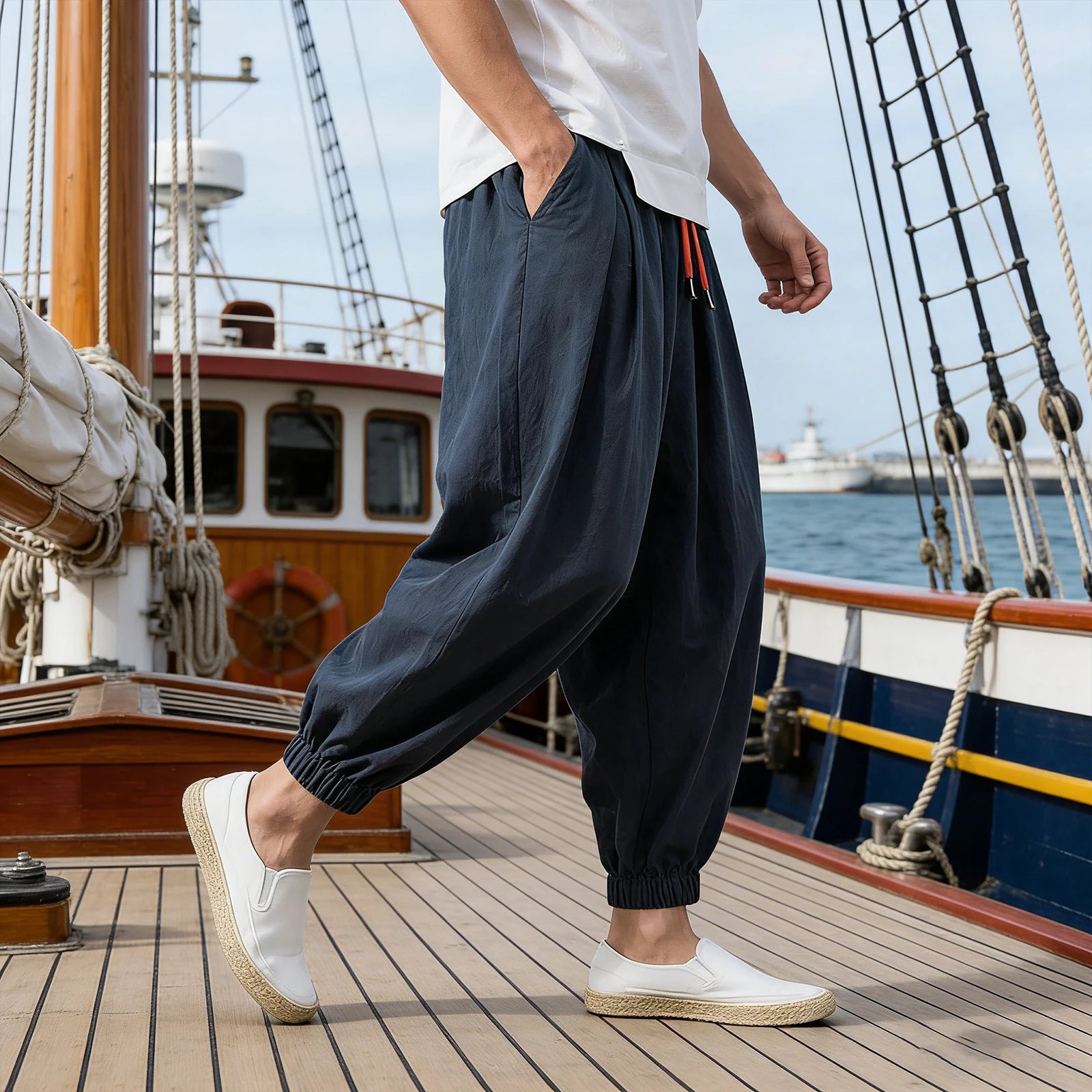 Men's Linen Ankle-Length Cropped Pants Elastic Waist Pleated Loose Beach Travel Casual Trousers