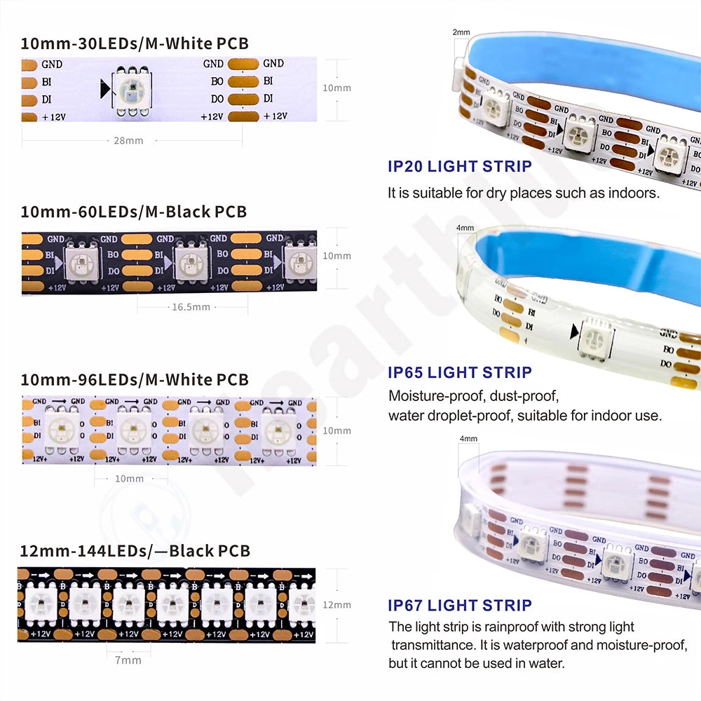 Addressable RGB LED Strip Lights WS2811 WS2812 WS2813 WS2815 Programmable DC 5V/12V Color-Changing