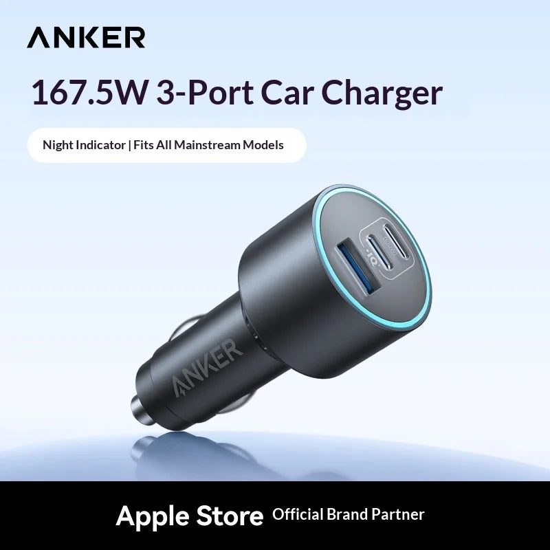 167.5W 3-Port Fast Car Charger — 2 USB-C PD + 1 USB-A QC3.0 High-Speed Car Adapter for Travel