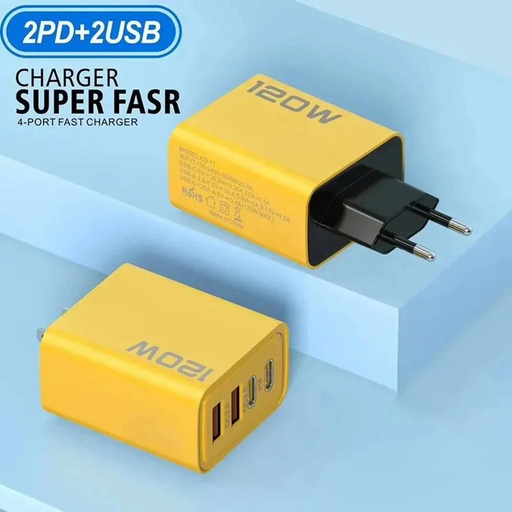 120W 4-Port USB-C PD Fast Charger Wall Adapter, 2 USB-C + 2 USB-A Quick Charge with US/EU Plugs