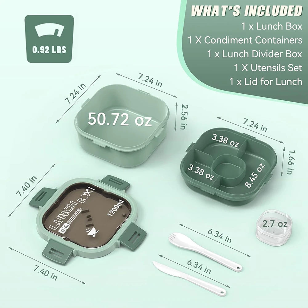 All-in-One Salad Lunch Container 50 fl oz (1.5 L) Stackable Bento Box – 3-Compartment Tray, Leak-Proof Dressing Cup & Reusable Utensils, Dishwasher & Microwave Safe
