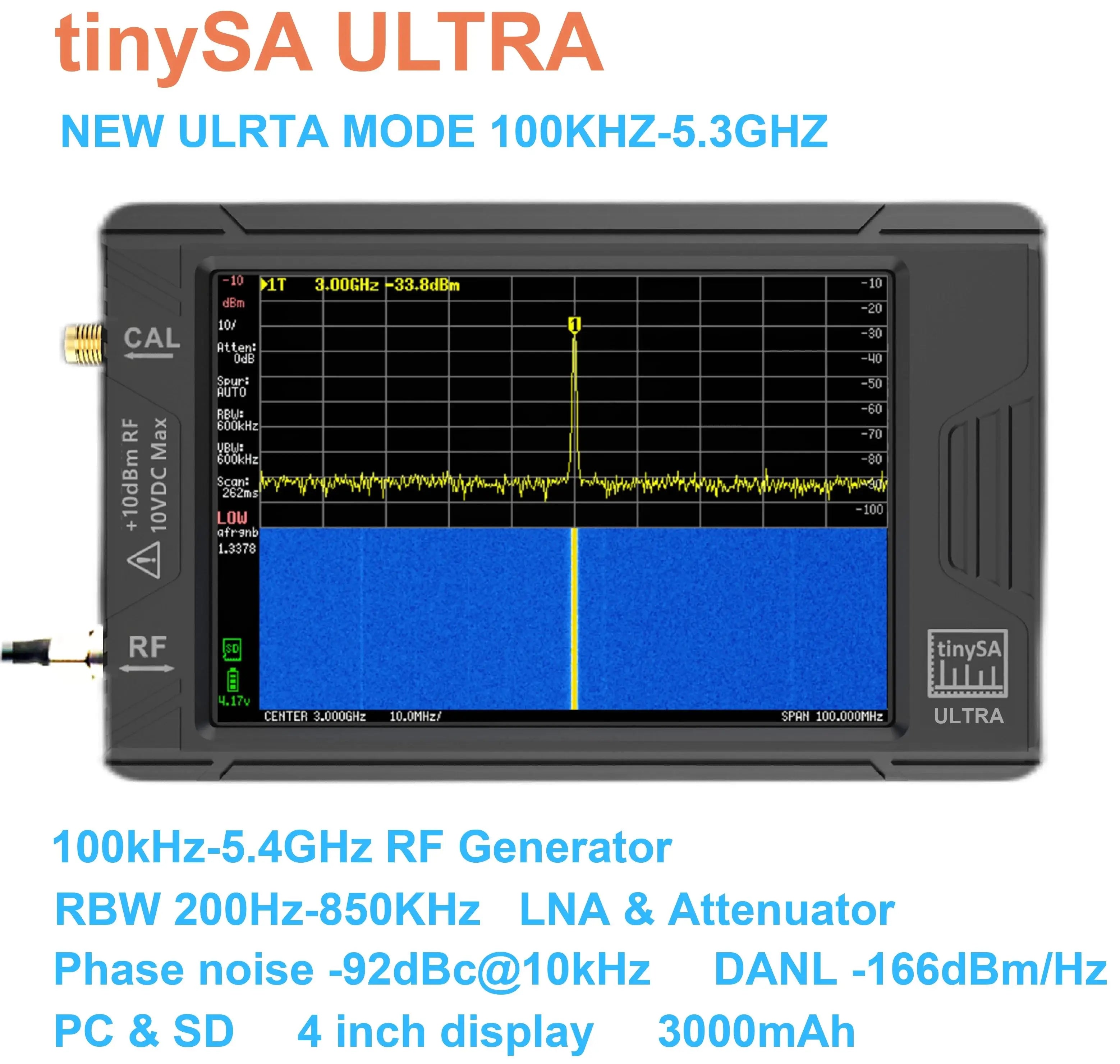 Handheld Spectrum Analyzer 4-inch (10.2 cm) Display 100 kHz–5.3 GHz with 32GB microSD, SMA Antenna & Network LAN Tester