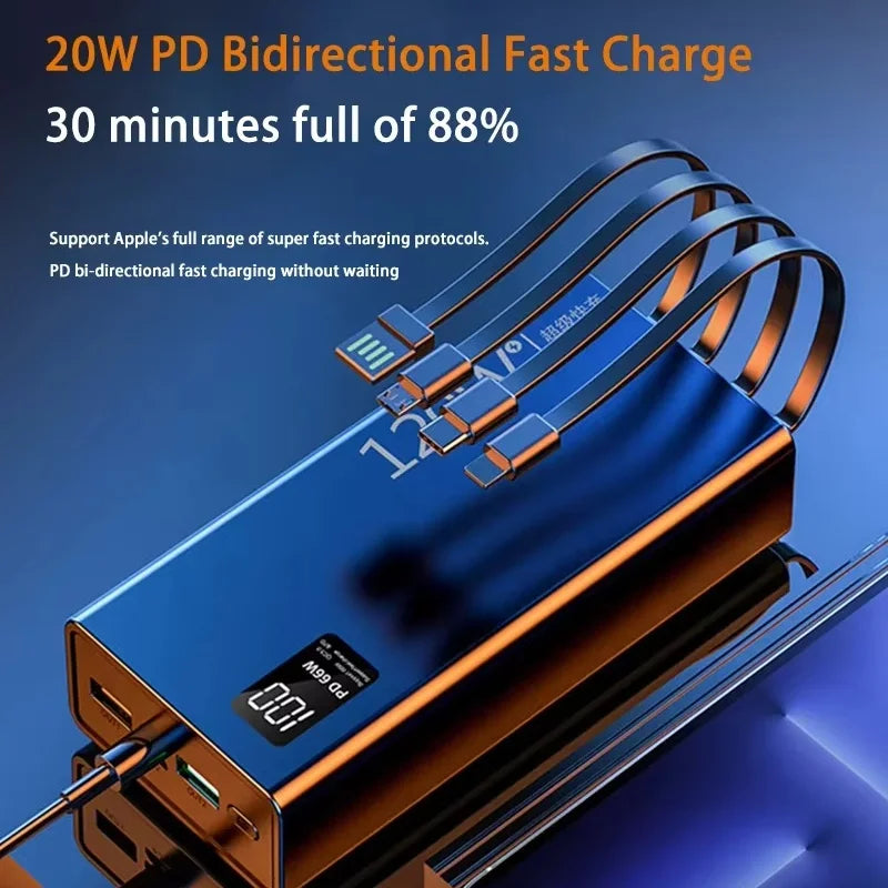 120W 50000mAh 4-in-1 Fast Charging Power Bank with Built-in Cables – Portable Charger for Smartphones & Tablets
