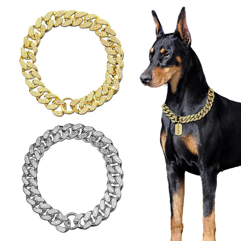 Rhinestone Diamond-Inlay Pet Collar Necklace – Gold Sparkle Chain for Dogs & Cats, 9.8–27.5 in (25–70 cm)