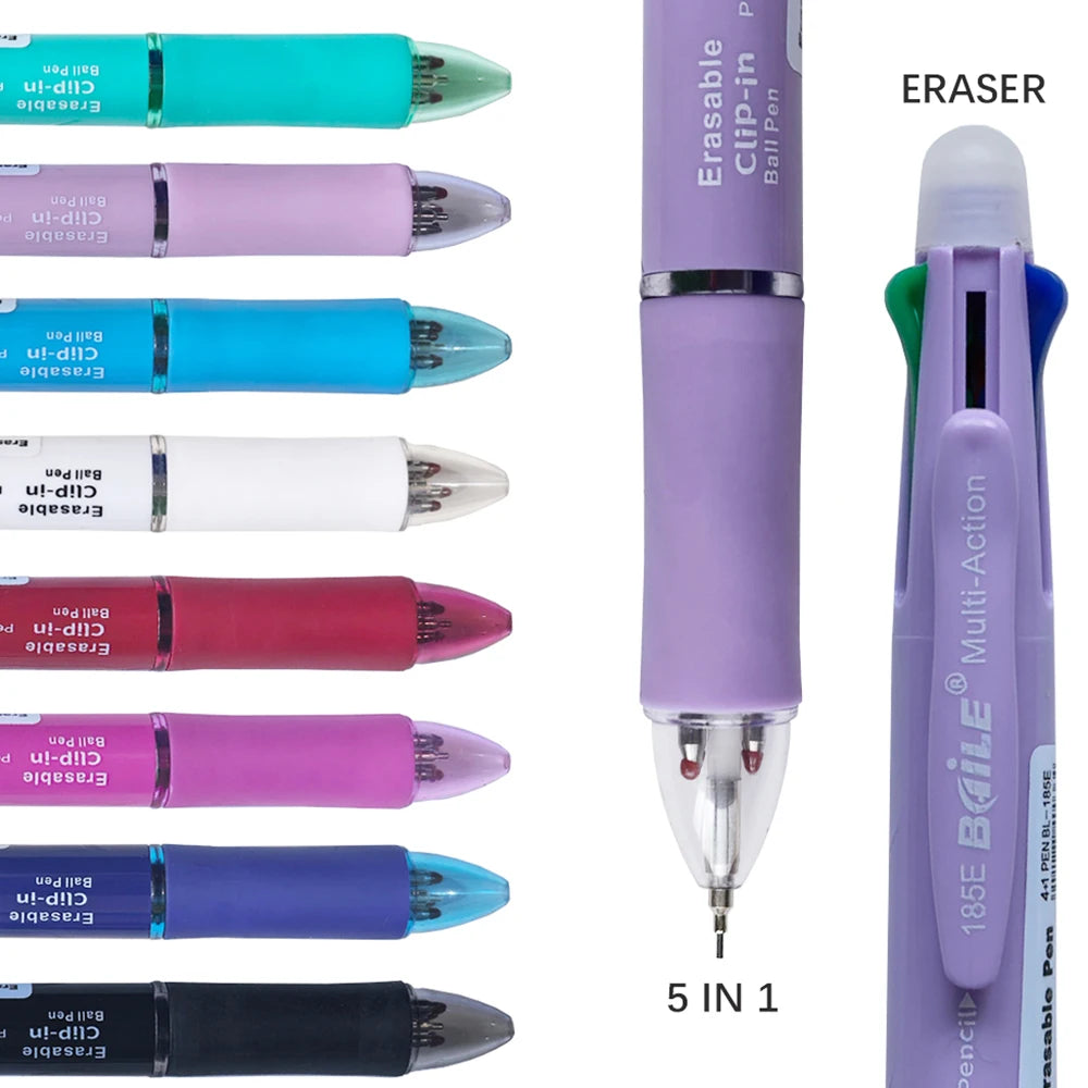 5-in-1 Erasable Multicolor Gel Pen — 4 x 0.7mm Refillable Ballpoint + 0.5mm Mechanical Pencil