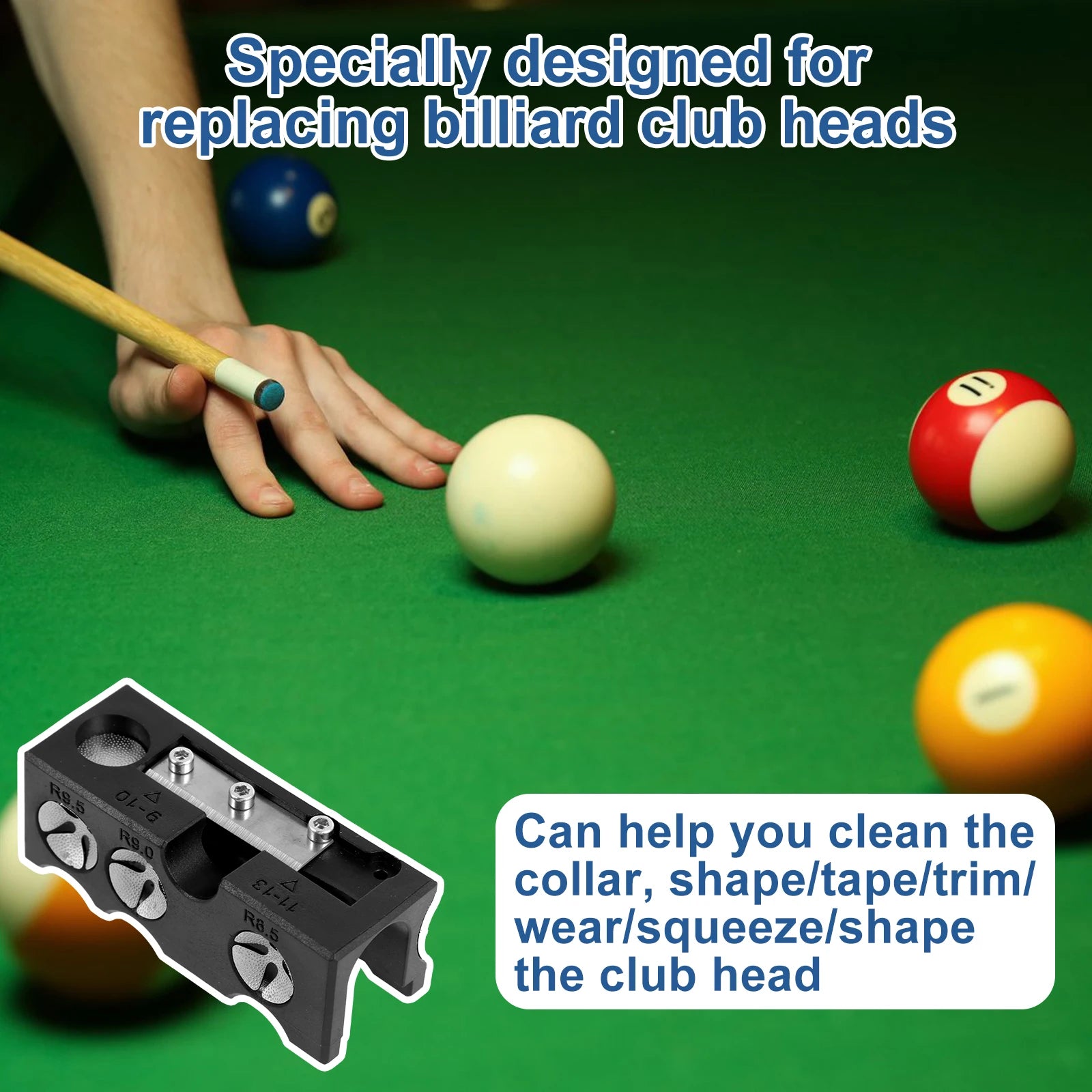 11-in-1 Pool Cue Tip Repair Tool — Aluminum Alloy Billiard Cue Tip Shaper with Wrench & Replacement Blade