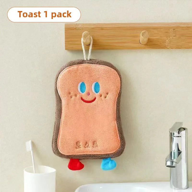 Cute Food-Shaped Coral Velvet Hand Towel — Absorbent Kitchen & Bathroom Cloth (Cheese Toast Cookie Donut)