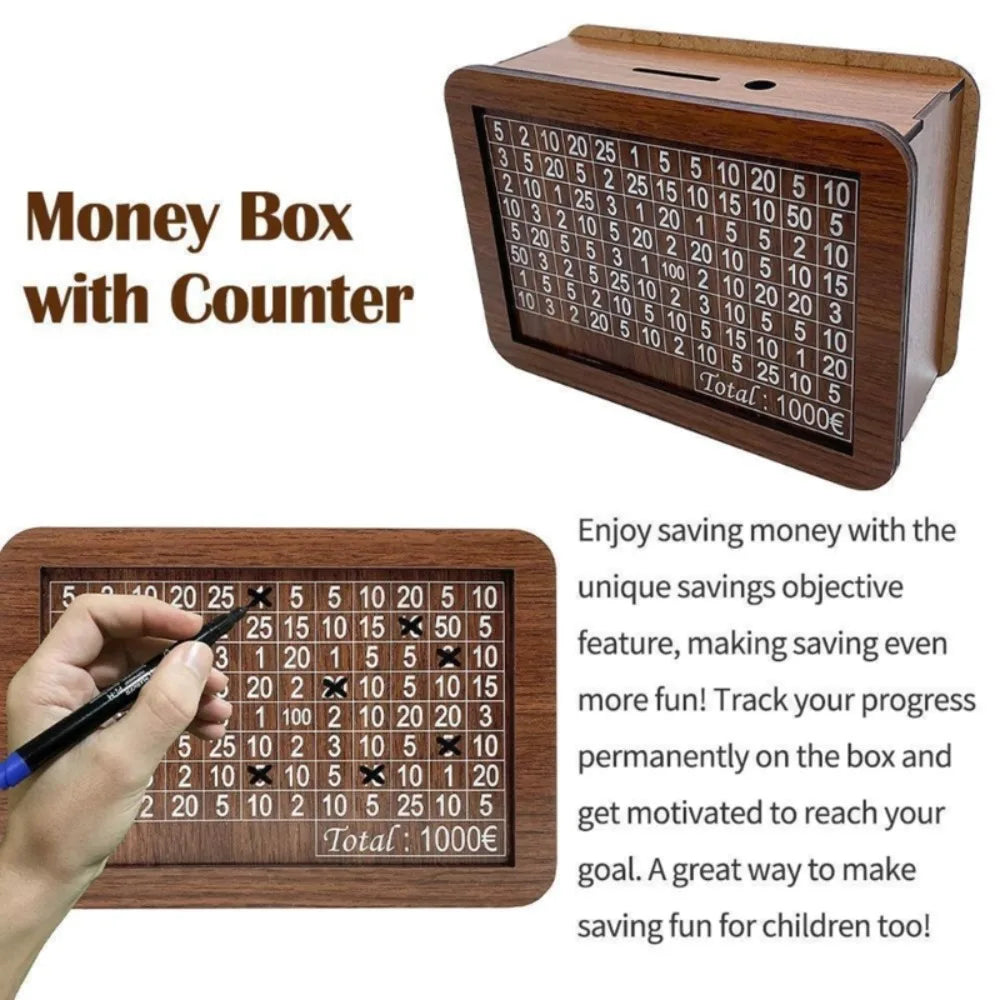 Wooden Piggy Bank Money Box – Reusable Cash Vault for Kids, Euro Savings Challenge (1,000 / 3,000 / 5,000 / 10,000 €)