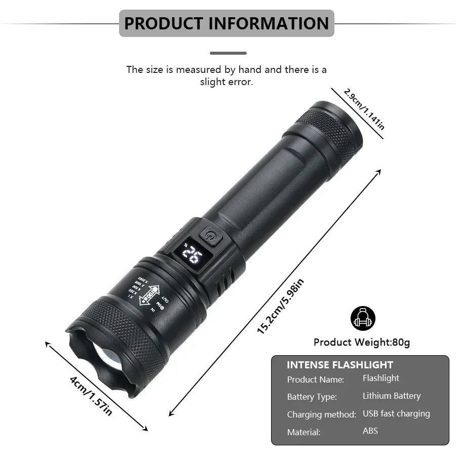 2000LM Tactical LED Flashlight with LCD Battery Display — USB-C Rechargeable Zoom Torch, IP67 Waterproof Power Bank for Camping & Emergency