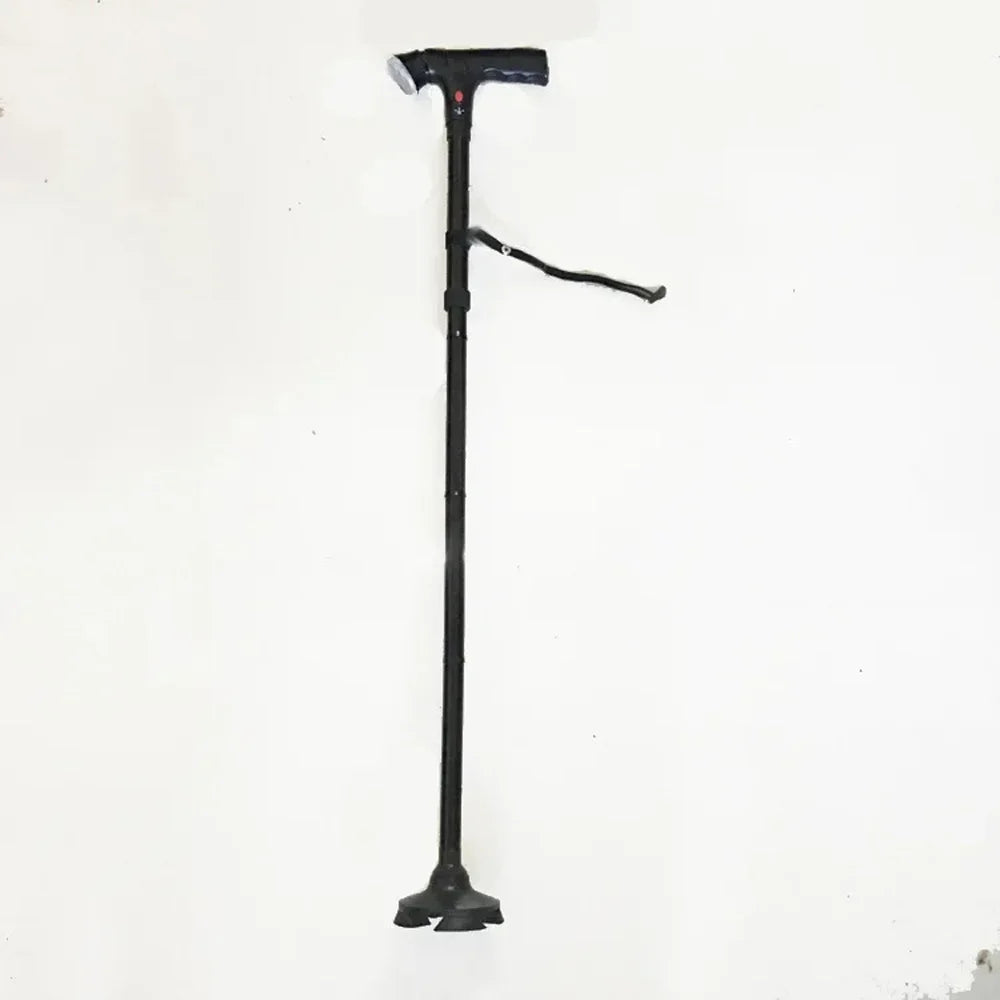 Collapsible Telescopic Walking Cane with LED Light & Alarm, Adjustable 4-Point Quad Base T-Handle for Seniors