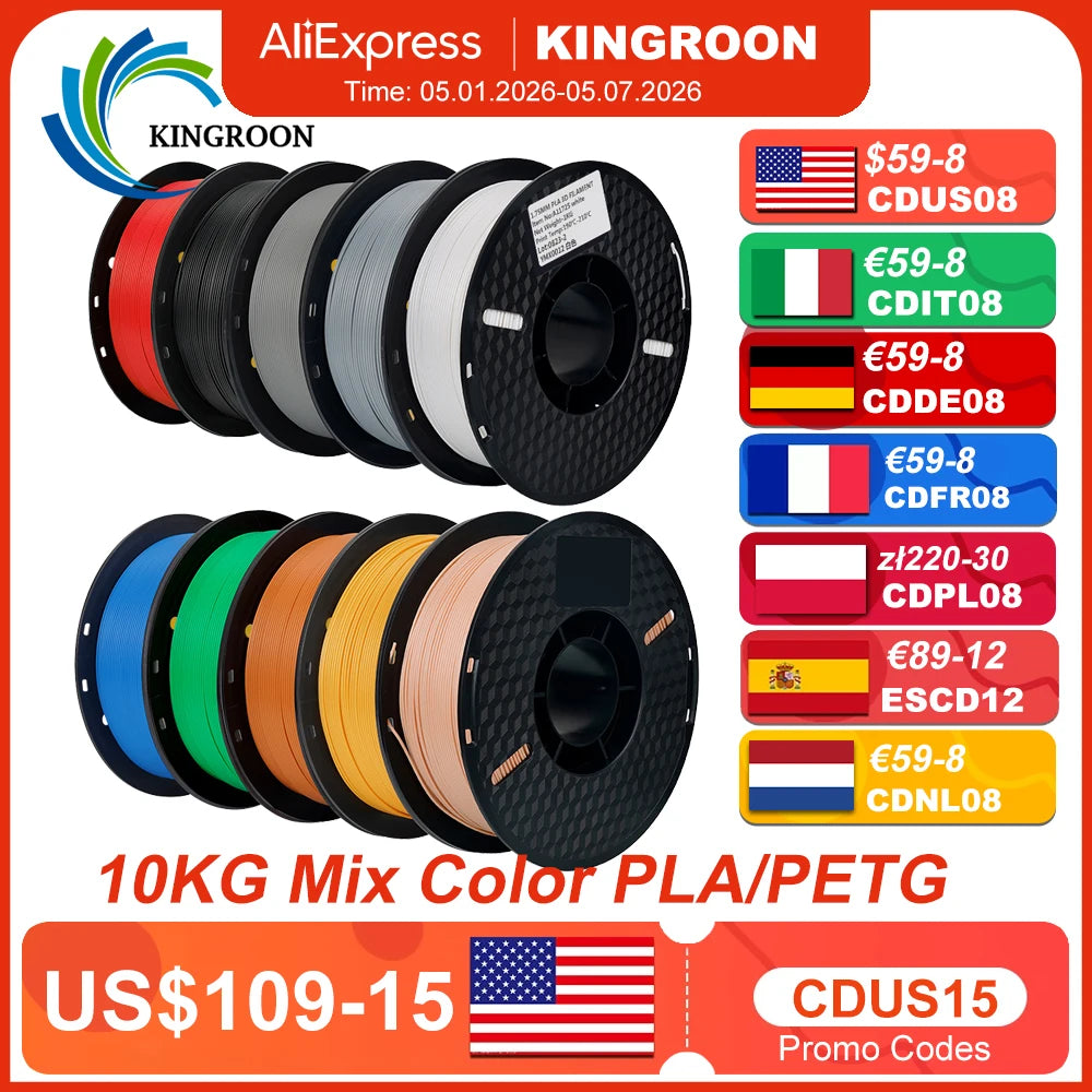 PLA and PETG 3D Printer Filament 10-Roll Pack — 1.75mm, 1kg (2.2 lb) Each — 10 kg (22 lb) Total, Assorted Colors, Eco-Friendly