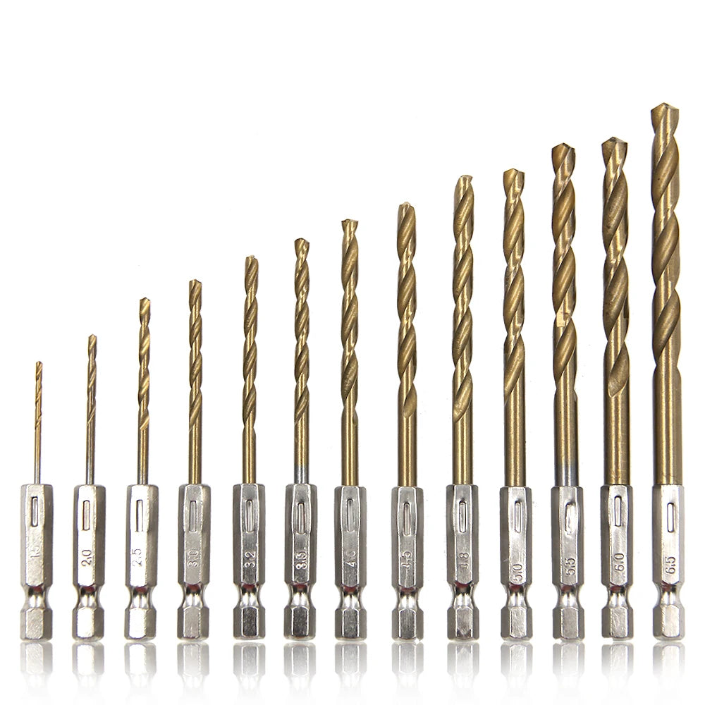 13-Piece Titanium-Plated Hexagonal Shank Twist Drill Bit Set 1.5–6.5 mm (0.06–0.26 in) for Electric Drill, Driver & Air Screwdriver