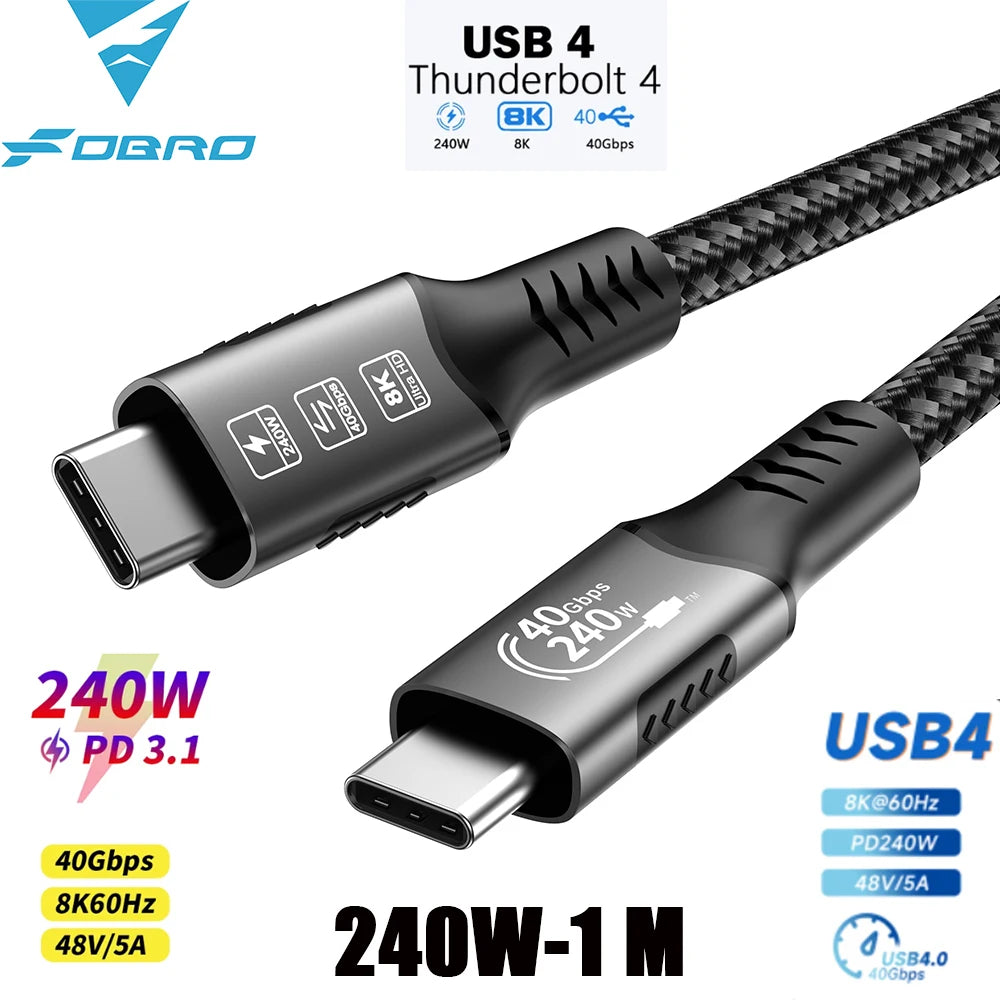 USB4 Thunderbolt 4 USB-C to USB-C Cable — 40Gbps, 240W (48V/5A) PD 3.1, 8K@60Hz Video, Thunderbolt 3 Compatible