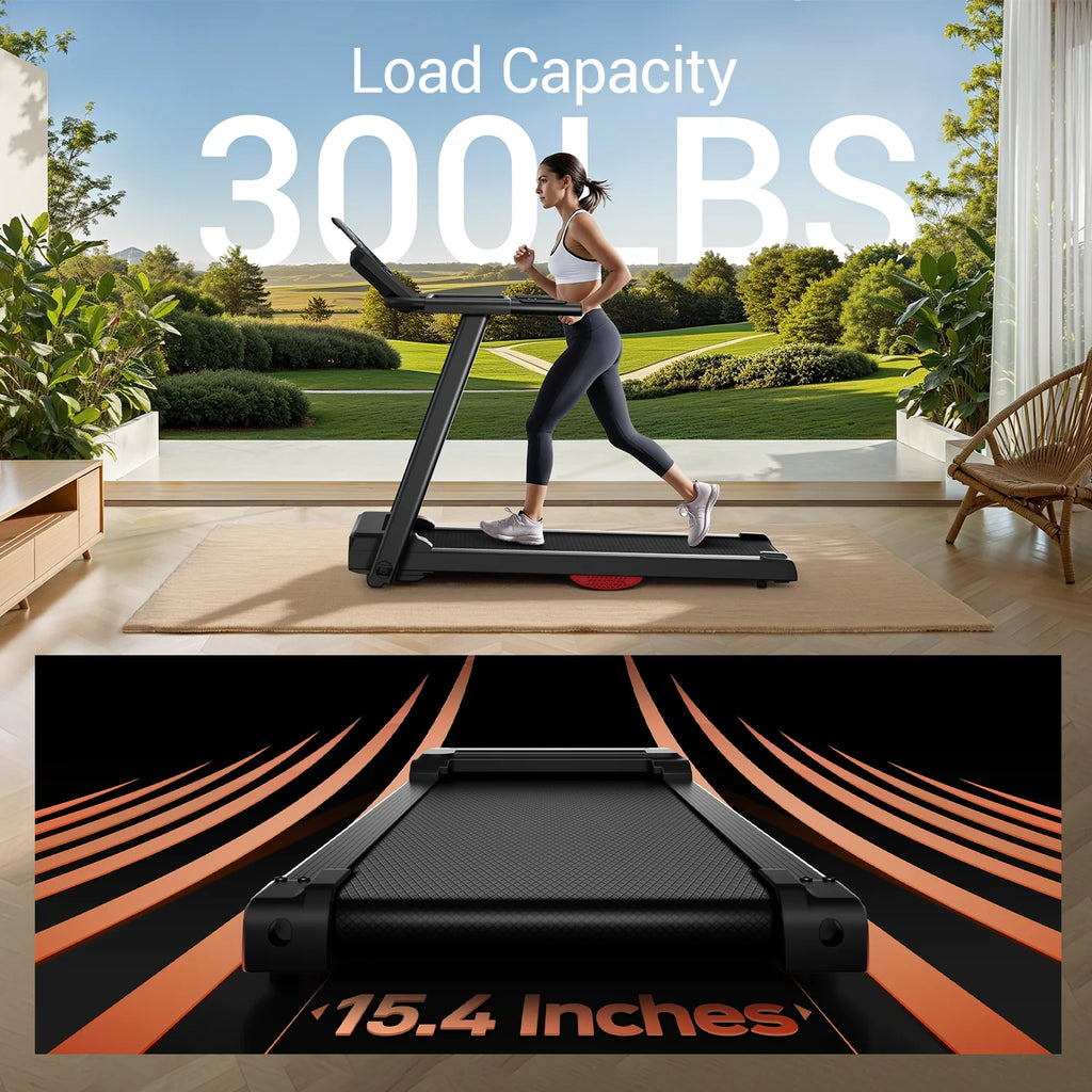 3.0 HP Brushless Foldable Home Treadmill — 300 lb Capacity, 40.2 x 15.4 in (102.1 x 39.1 cm) Running Area, HR Monitor, Dual Shock Absorption, Bluetooth Console