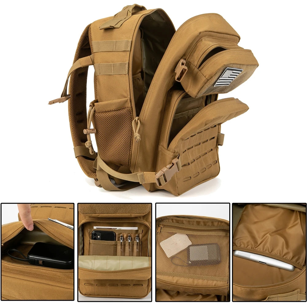 Tactical 25L Laser-Cut MOLLE Backpack - 900D Polyester Water-Resistant Daypack with Velcro Patch Panel, 15.7 x 9.8 x 9.8 in (40 x 25 x 25 cm)