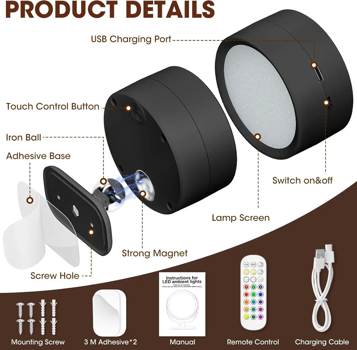Rechargeable LED Magnetic Picture Light Dimmable 360° Rotating Touch Remote Wall Cabinet Night Lamp