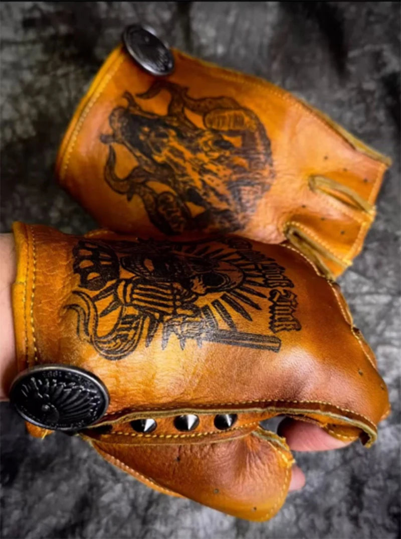 Vintage Half-Finger Motorcycle Gloves - Men's Fingerless Driving Gloves, Non-Slip Durable Genuine Leather, Handmade