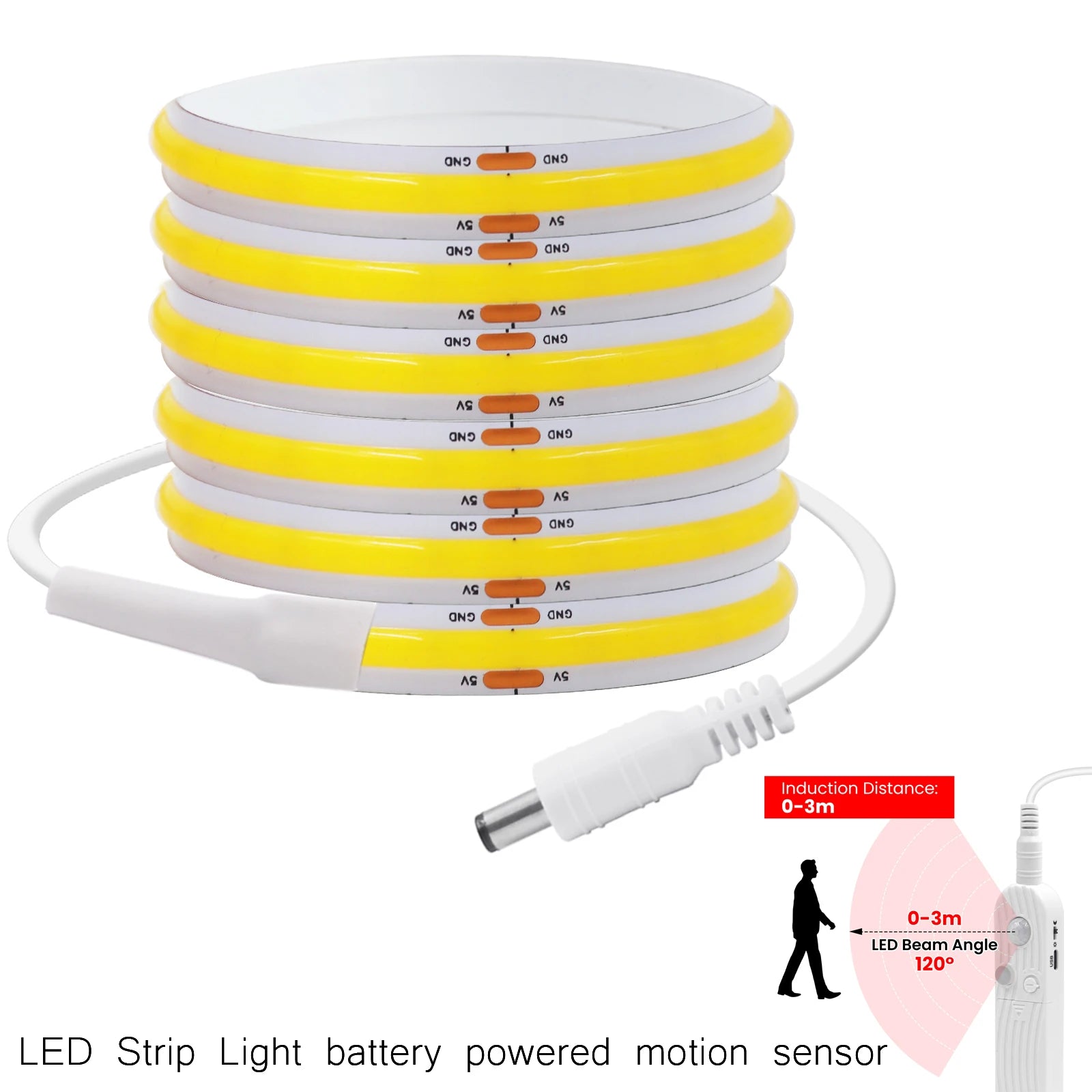5V COB LED Strip Light with Motion Sensor – USB or 4×AAA Battery Powered, 320 LEDs/m, Cuttable, 0.5–5m (Warm to Cool White + RGB)