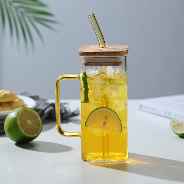 400ml (13.5 oz) Square Glass Mug with Lid and Straw — Microwave Safe Coffee, Milk & Party Drinkware