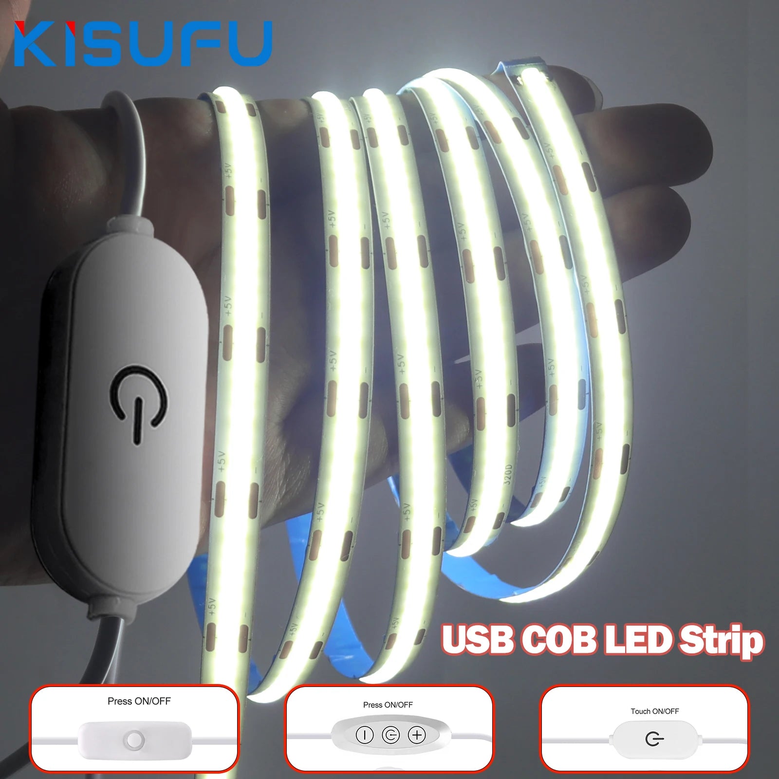 5V COB LED Strip Light USB Dimmable Touch Sensor Flexible Adhesive Tape TV Backlight