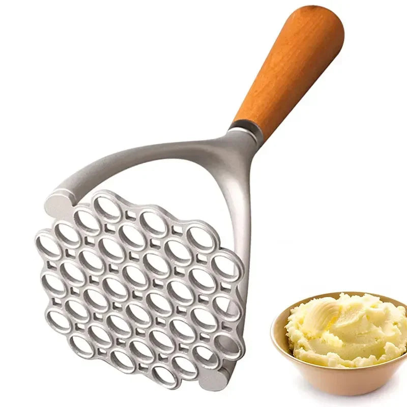 Aluminum Potato Masher with Wood Handle, Manual Ricer & Garlic Pusher Kitchen Tool