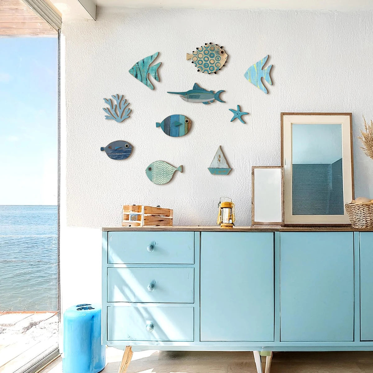 Handcrafted Wooden Ocean Wall Decor Set, Coastal Fish Coral Starfish & Sailboat Wall Art for Home and Bathroom