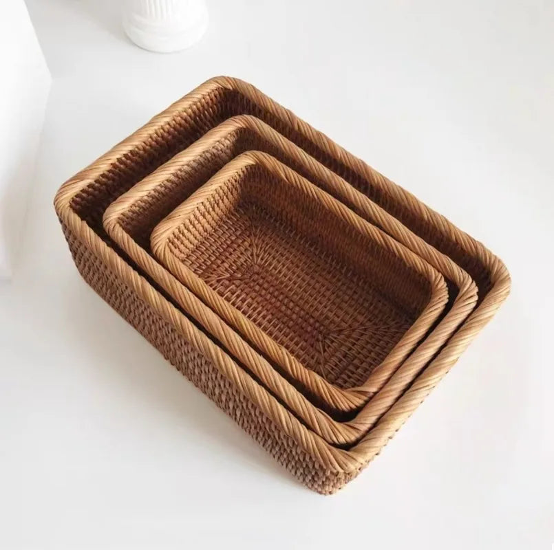 Handmade Rattan and Bamboo Nesting Storage Baskets – Woven Organizer for Home, Kitchen and Table