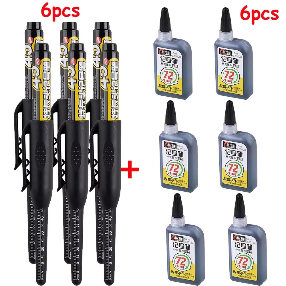 Waterproof Carpenter & Tile Marker Pen 45mm Long Nib — Deep-Hole Woodworking Marker, Black Blue Red (1–6 Pack)