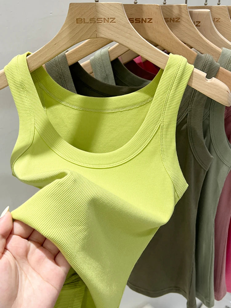 Women's Ribbed Round Neck Tank Top O-Neck Camisole Elastic Summer Basic Solid Tank
