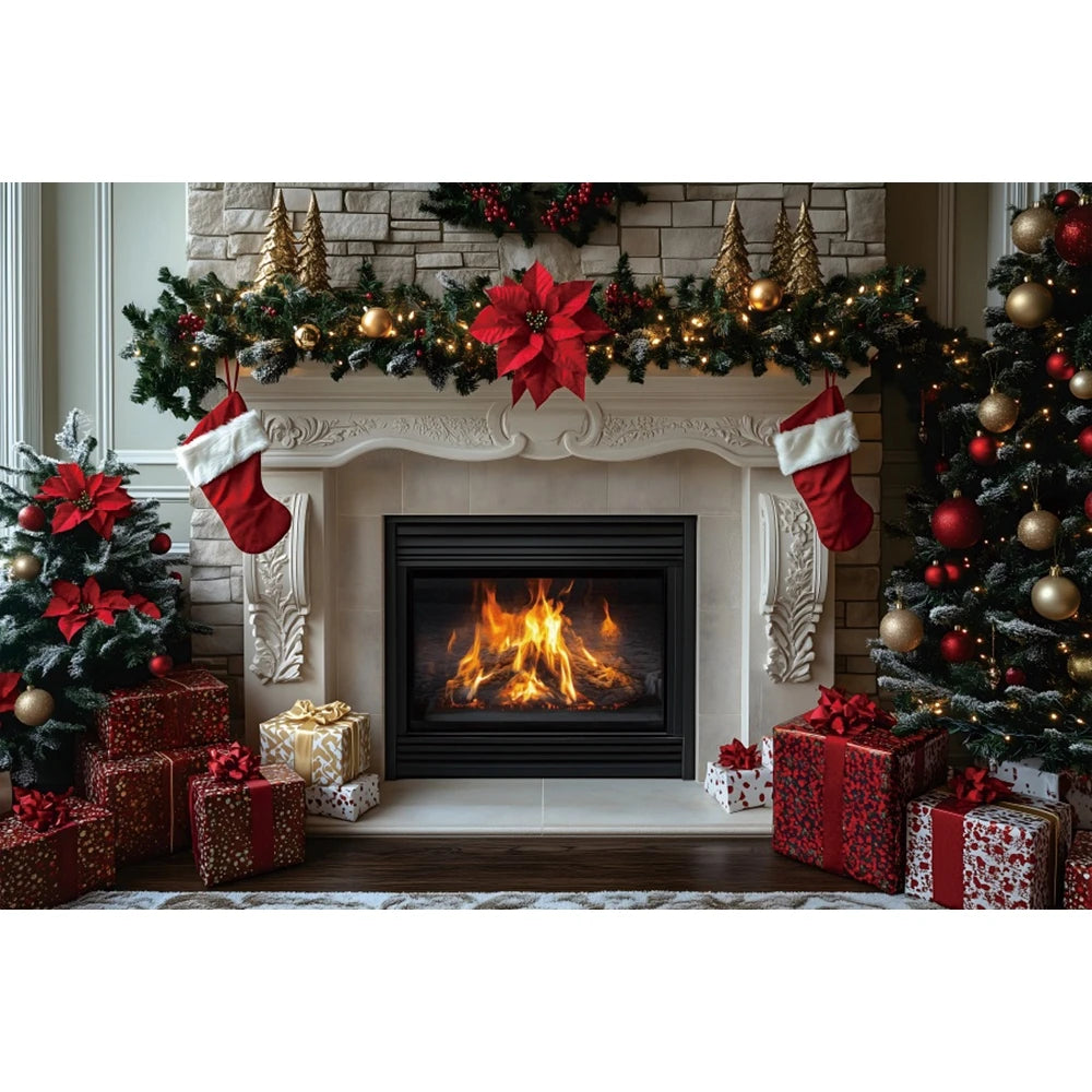 Christmas Photography Backdrop - Red Curtain & Window Scene with Snowy Bear and Gifts for Kids & Family Portraits