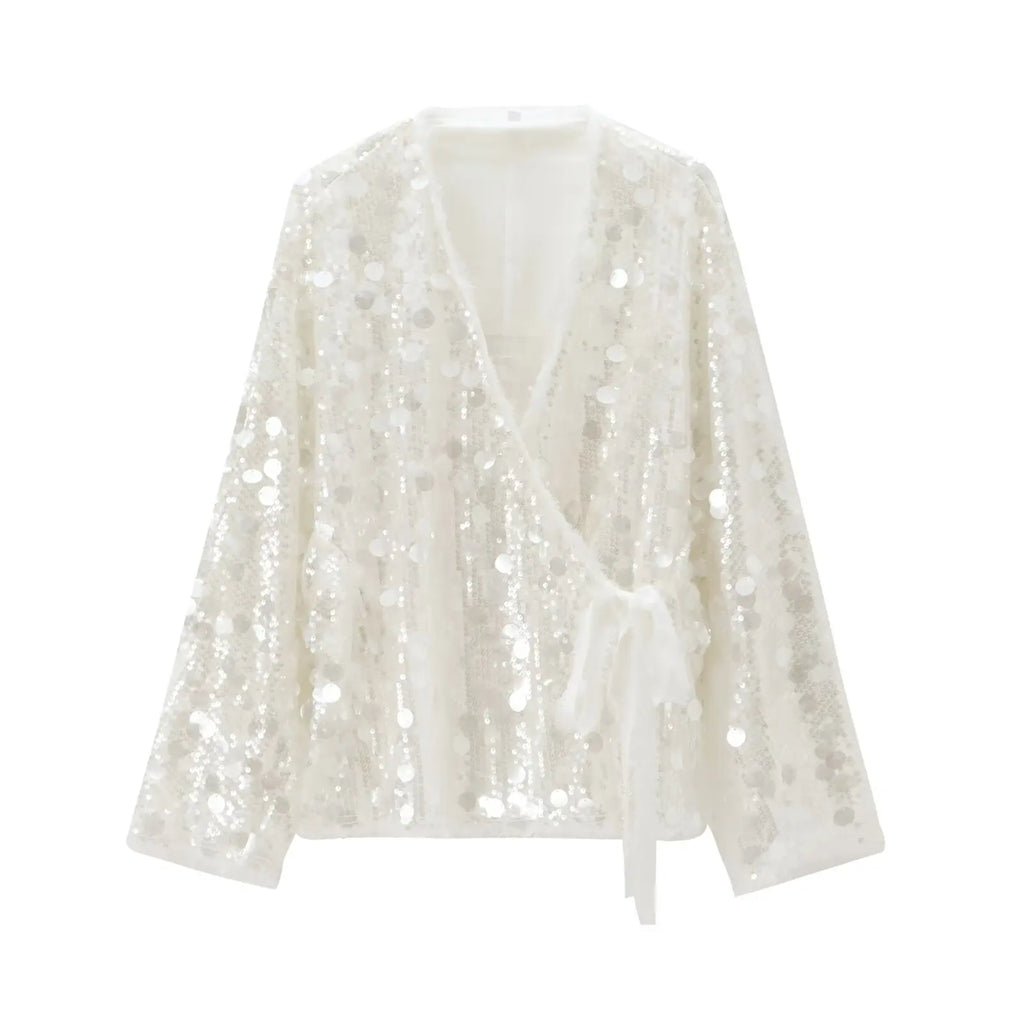 Women’s Sequin Kimono Jacket V-Neck Long Sleeve Patchwork Wrap Coat with Lace-Up Belt