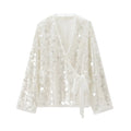 Women’s Sequin Kimono Jacket V-Neck Long Sleeve Patchwork Wrap Coat with Lace-Up Belt