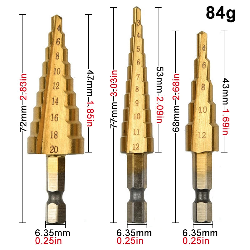 Titanium Plated Step Drill Bit Set Hex Shank Straight Groove — 3–32mm (0.12–1.26 in)