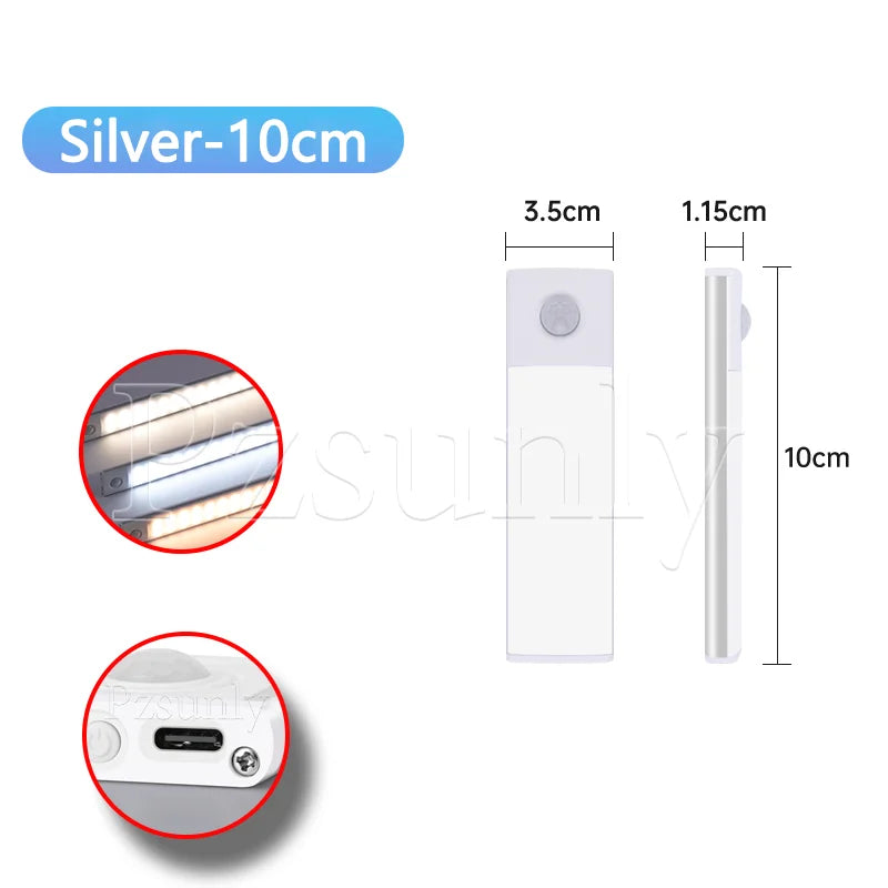 USB Rechargeable LED Motion Sensor Bar Light — Dimmable 3-Color Under-Cabinet Night Light, 10/20/30/40/50 cm (4–20 in)