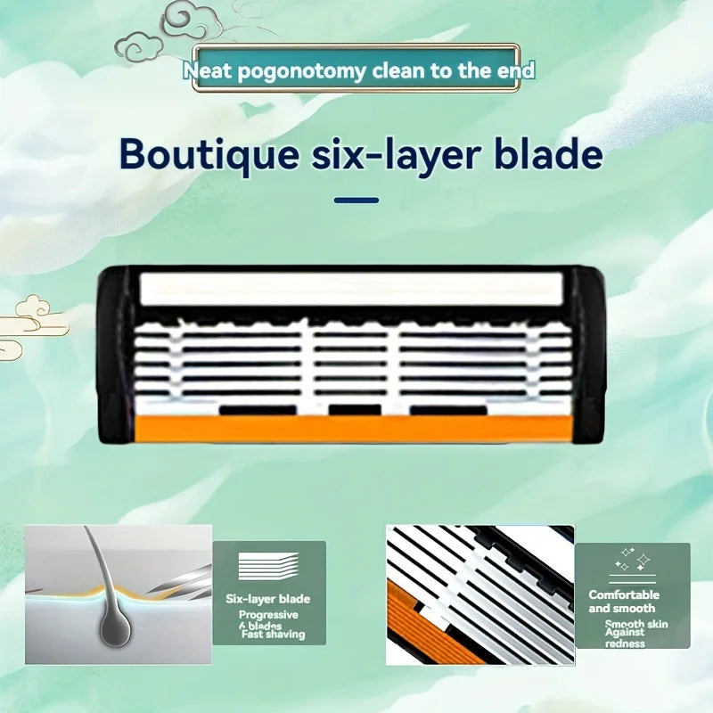 6-Layer Stainless Steel Safety Razor Set for Men - Replaceable Blade Head, Manual Shaving