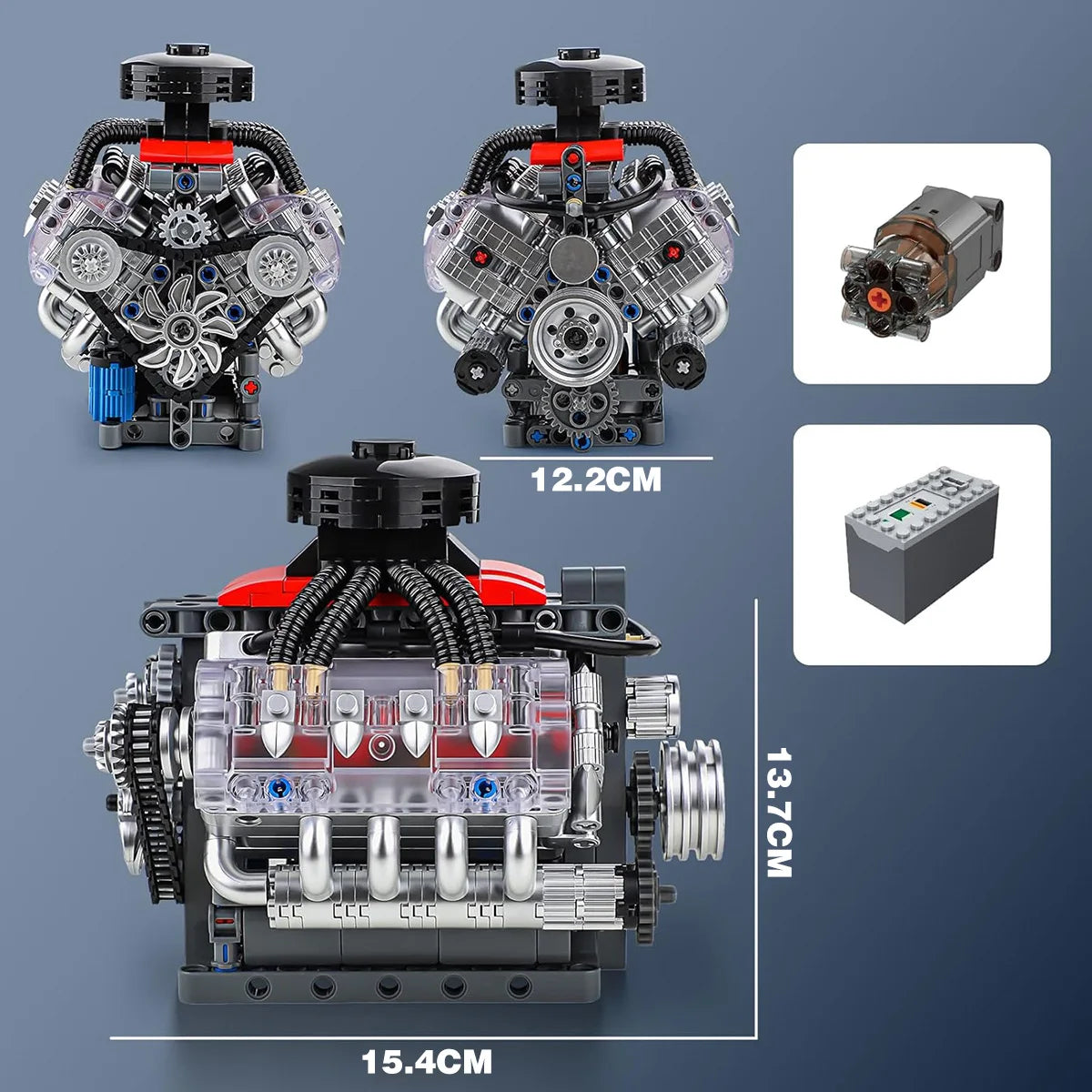 V8 Engine Building Blocks Model Kit, 487-Piece Compatible with LEGO, Transparent Cylinder Heads & Moving Pistons