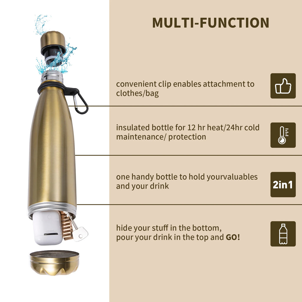 Stainless Steel Hidden Compartment Water Bottle - Diversion Safe for Keys, Cash & Valuables