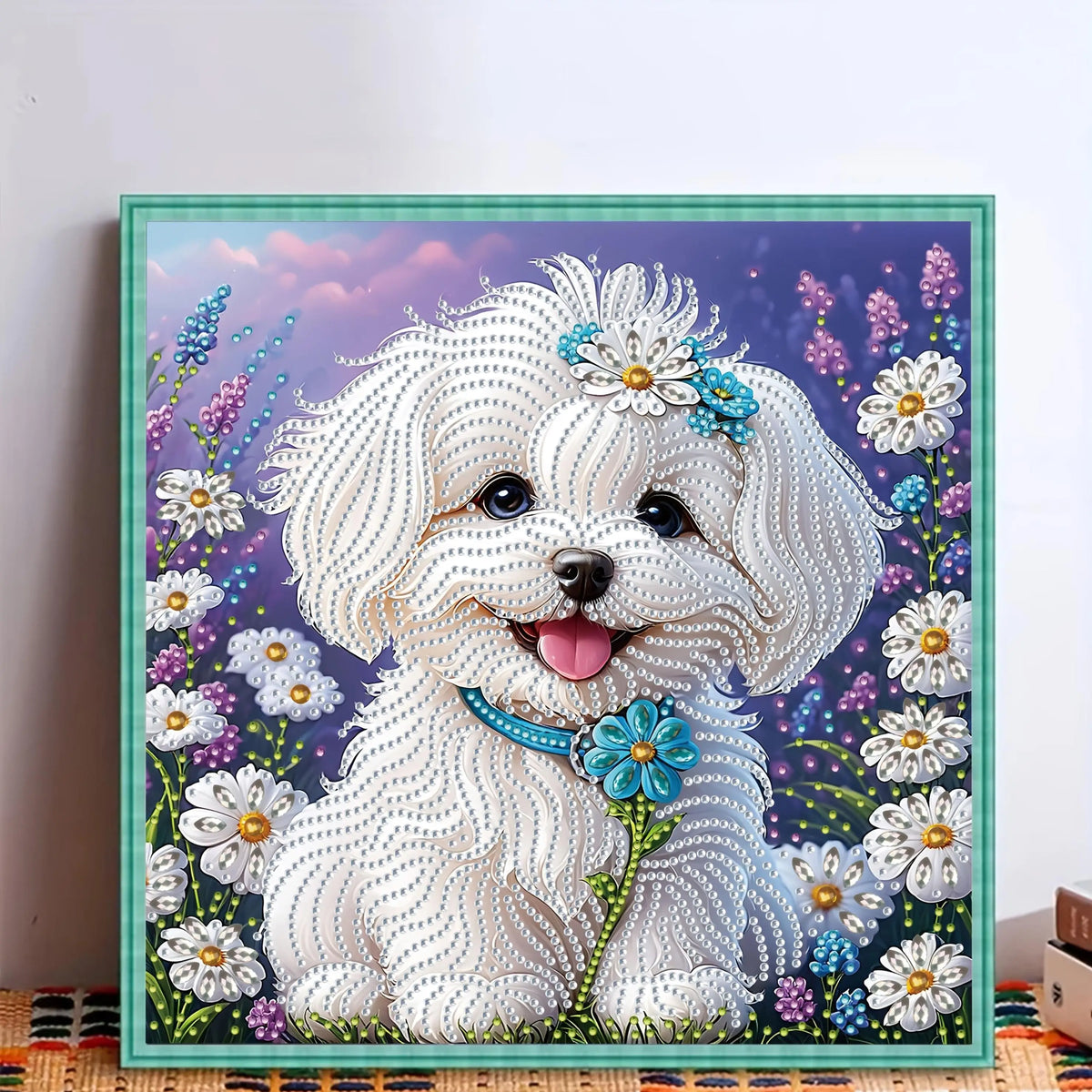 White Puppy with Flowers 5D Diamond Painting Kit view 6