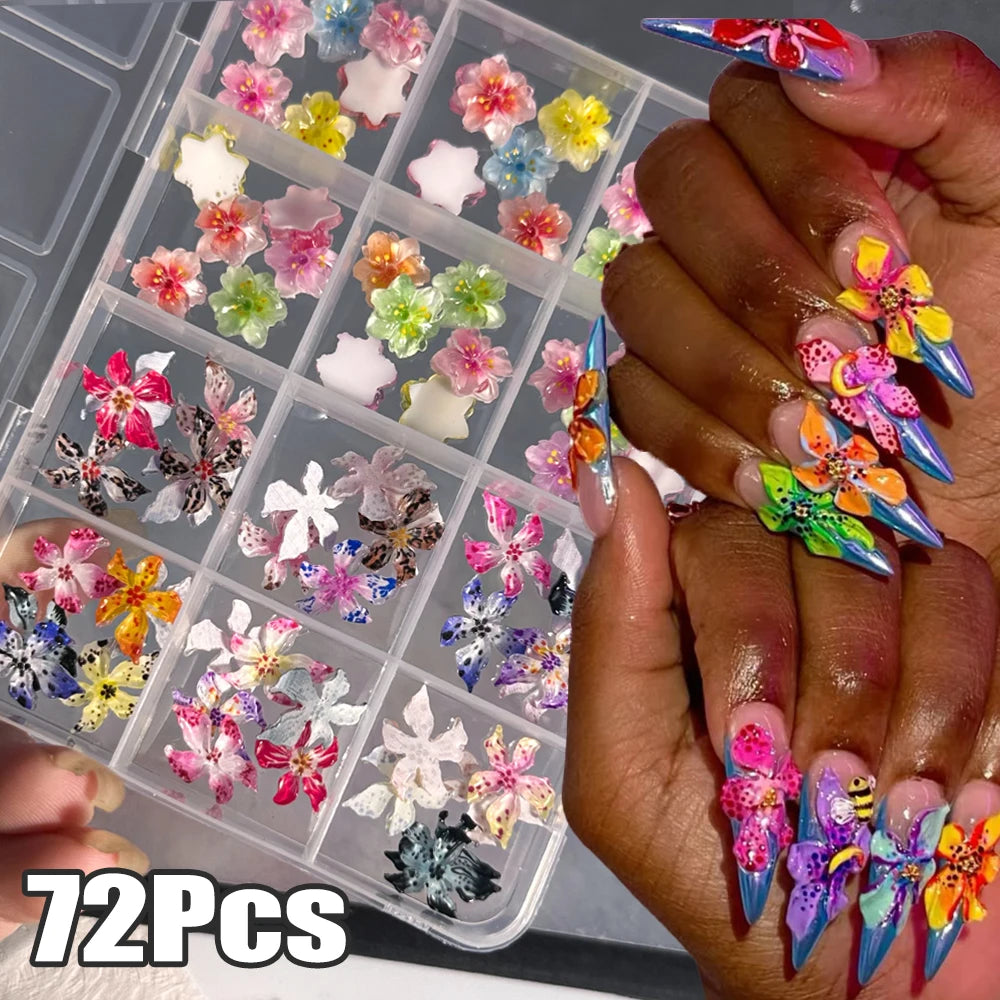 72-Piece 3D Crystal Jelly Nail Charms – Transparent Floral, Leopard & Hibiscus Nail Art Decorations