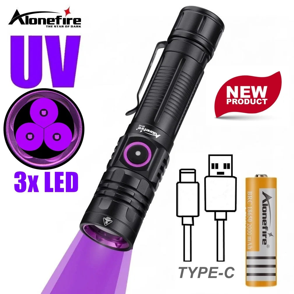 3-LED 365nm UV Blacklight Flashlight USB-C Rechargeable – Pet Stain & Scorpion Detector, UV Glue Curing Torch