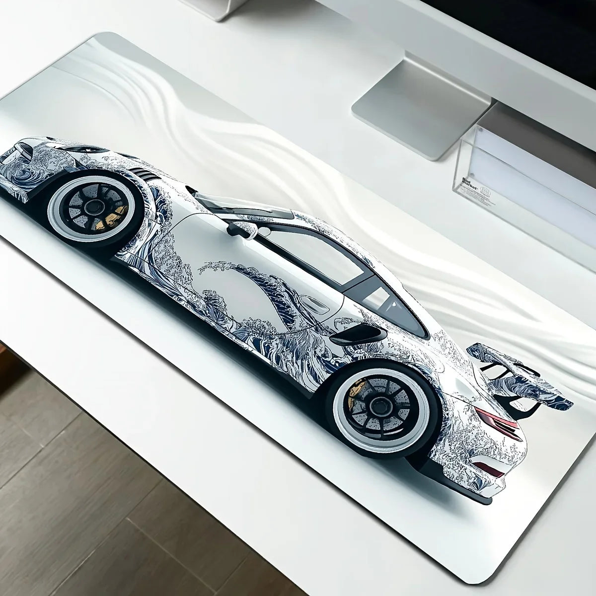 Large Extended Gaming Mouse Pad – White Sports Car Design, Anti-Slip Rubber Base Desk Mat for Gamers & Office
