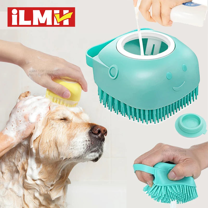 Dog & Cat Silicone Bath Brush with Shampoo Dispenser — Soft Rubber Bristles for Grooming & Massage