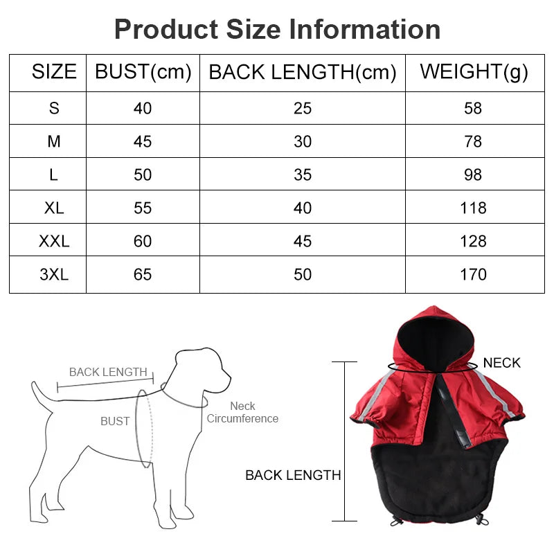 Waterproof Hooded Dog Coat – Warm Cotton-Lined Winter Jacket with Reflective Trim for Small Dogs & Cats