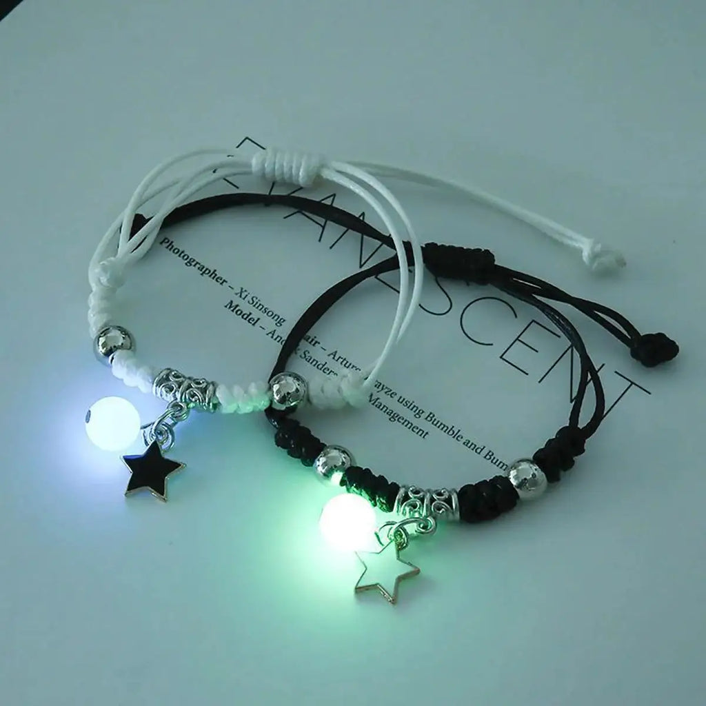 2-Piece Luminous Bead Couple Charm Bracelets - Star Moon Heart Cat Flower Matching Set (Unisex)