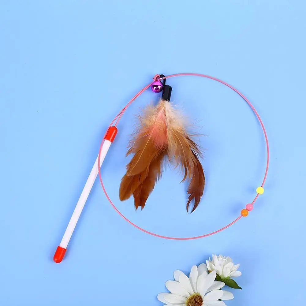 Interactive Cat Teaser Wand with Feather and Bell 35.4 in (90 cm) Metal Wire Rod — 1-Pack