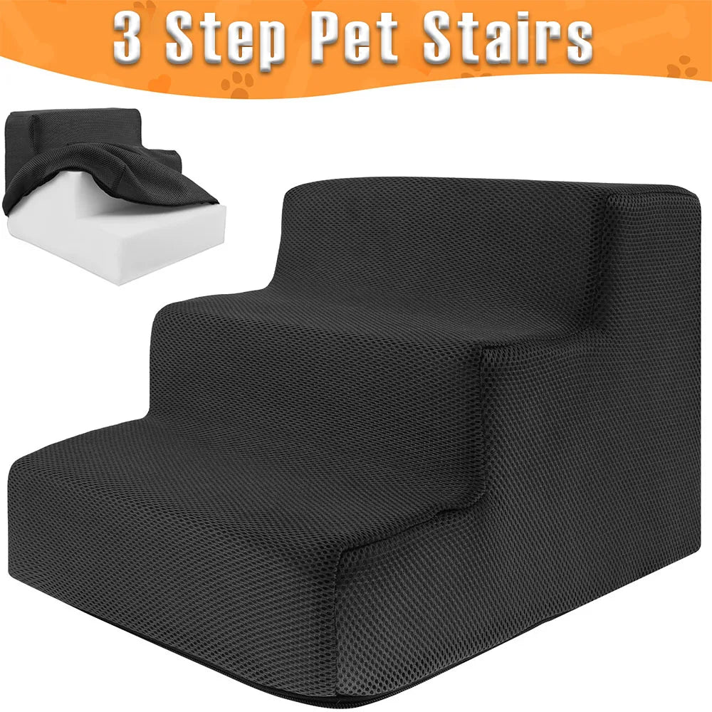 3-Step Pet Stairs for Small & Medium Dogs and Cats — 34 x 40 x 30 cm (13.4 x 15.7 x 11.8 in) High-Density Foam, Non-Slip, Removable Washable Cover
