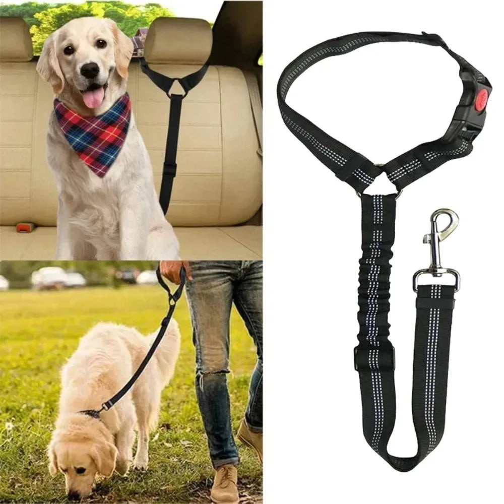 Reflective 2-in-1 Pet Car Seat Belt & Adjustable Nylon Dog Leash - Durable Safety Strap for Small to Large Dogs